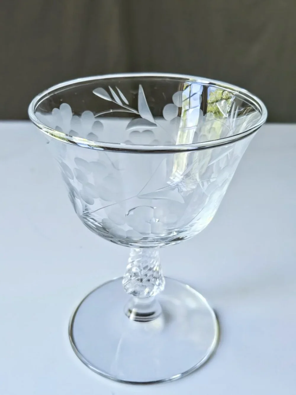 Set of 4 Etched Floral Fine Glass Coupes - Stemmed Baluster Twist